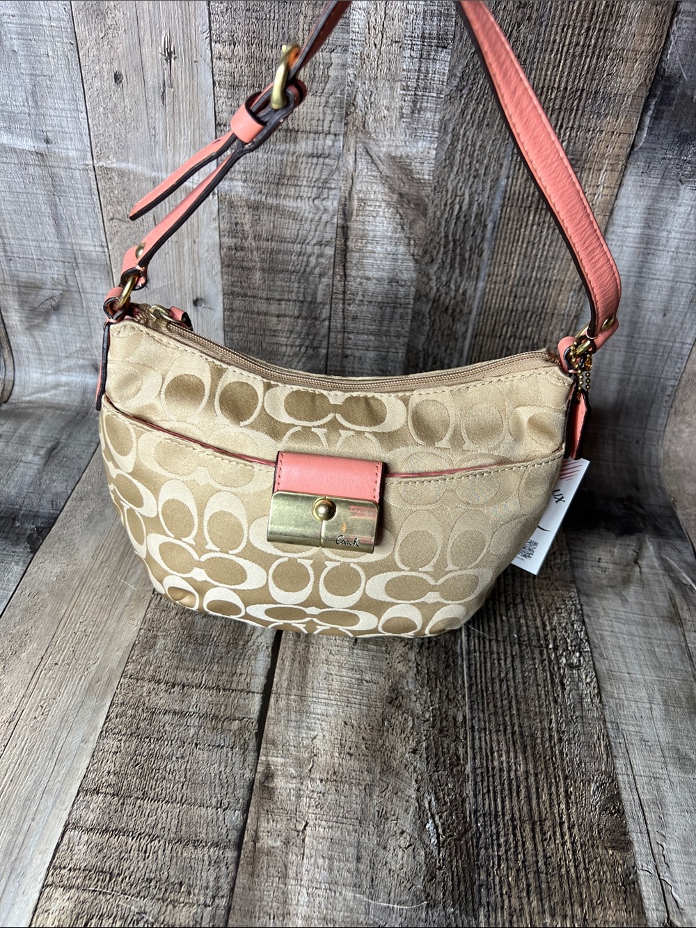 Coach Tan Signature Canvas Shoulder Bag with Coral Trim